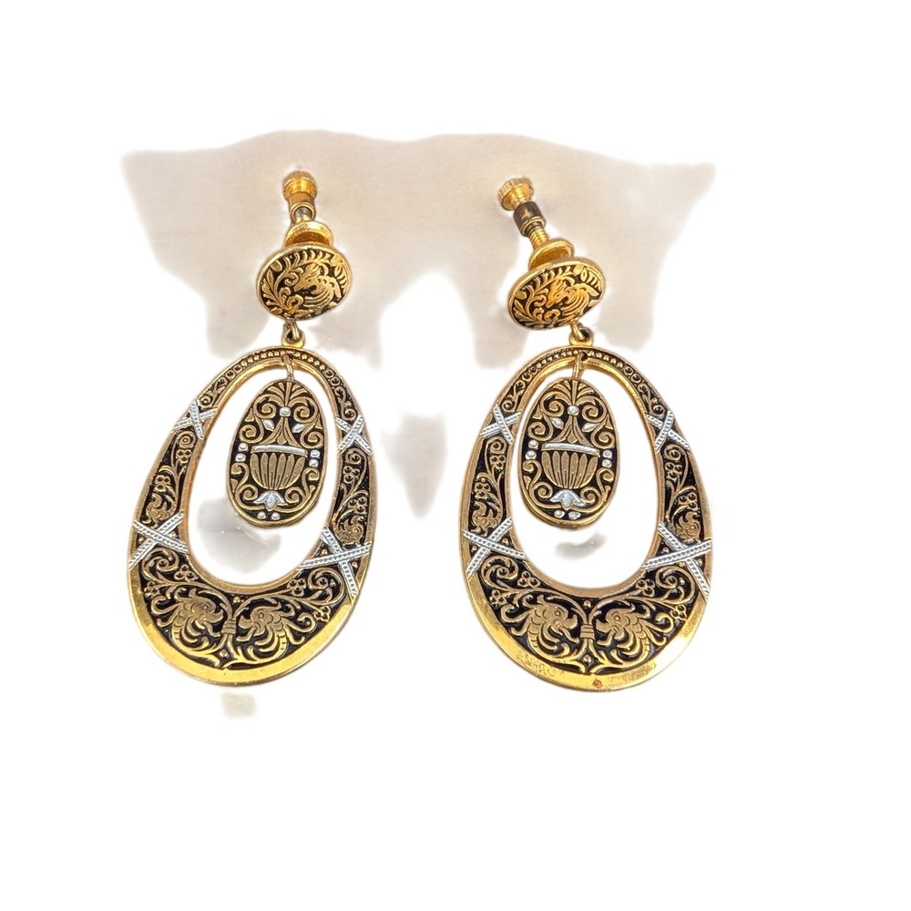 VTG Spanish Toledo Damascene Dangle Earrings Gold Black Renaissance Screwback